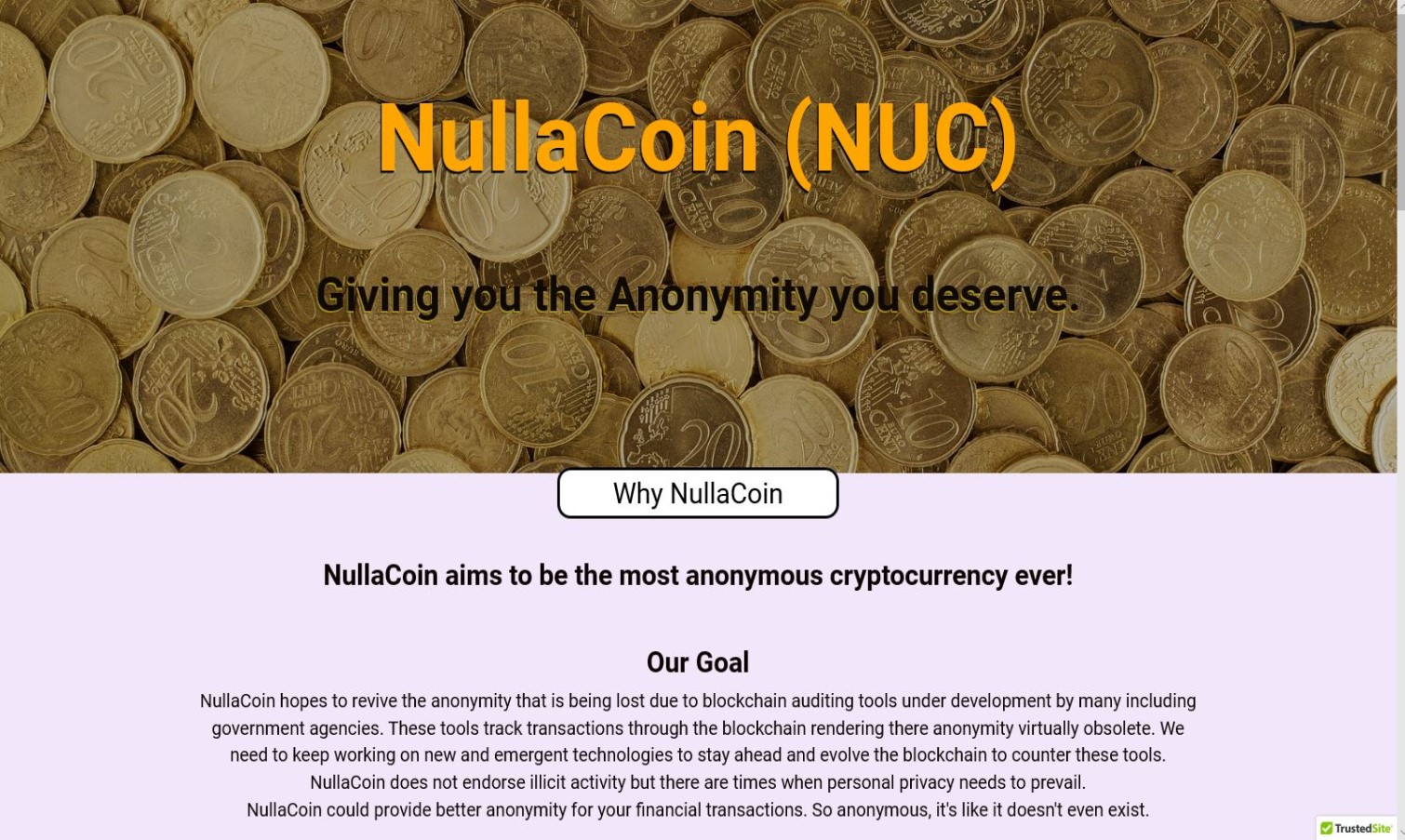 Screen capture of NullaCoin website